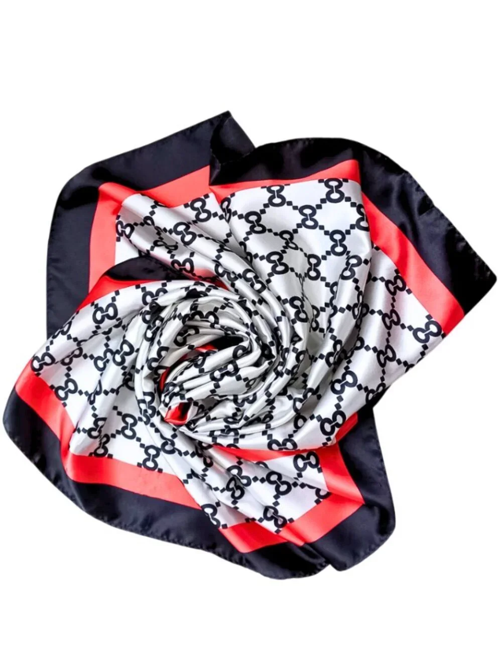 Vintage Geometric Monogram Silk Feel Scarf - Black, White & Red Border Square